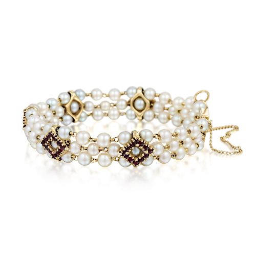 Lucien Piccard 14K Gold Cultured Pearl and Garnet Bracelet