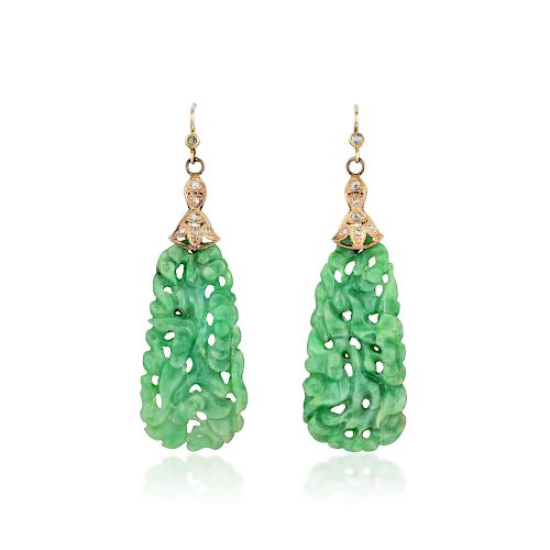 A Pair of 14K Gold Carved Jade and Diamond Earrings