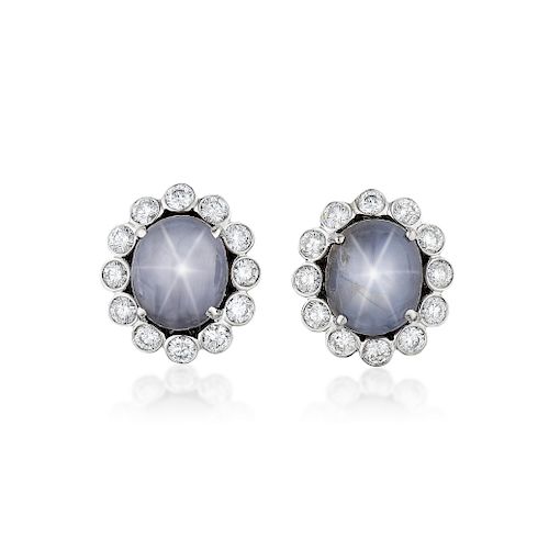 A Pair of 18K Gold Star Sapphire and Diamond Earrings