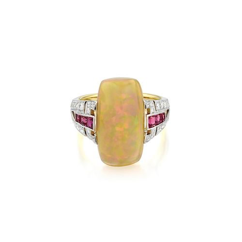 An 18K Gold Opal Diamond and Ruby Ring