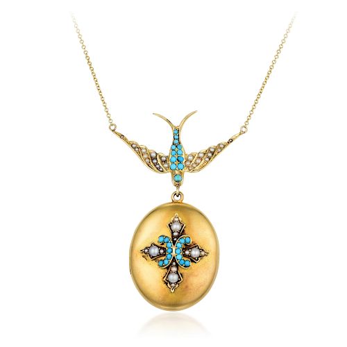 Antique 14K Gold Pearl and Turquoise Bird Locket Necklace