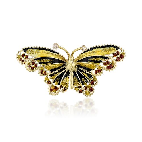 A 14K Gold Diamond Enamel Butterfly Pin
