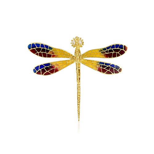An 18K Gold Pearl and Enamel Dragonfly Pin