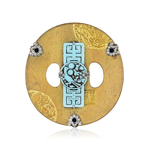 Chinese Antique Brass, Platinum Diamond Carved Turquoise Brooch