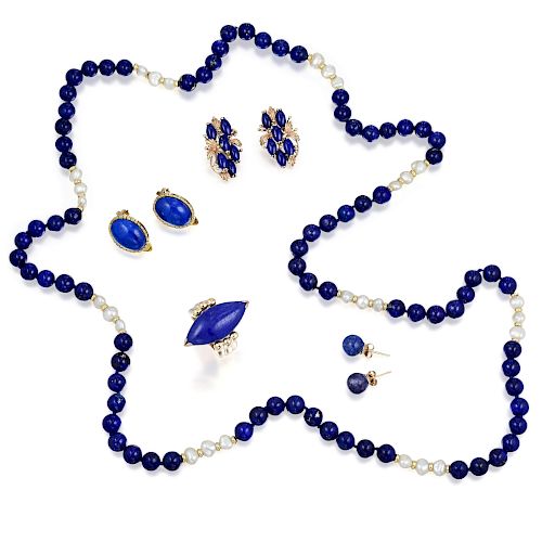 A Group of Gold and Lapis Lazuli  Jewelry