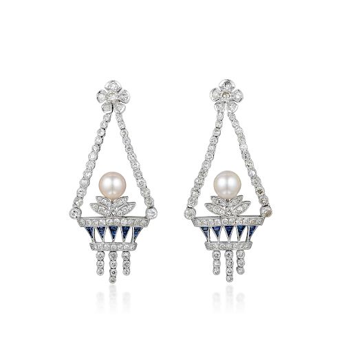 A Pair of Platinum Diamond Sapphire and Pearl Earrings