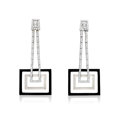 A Pair of 18K Gold Diamond Rock Crystal and Onyx Earrings
