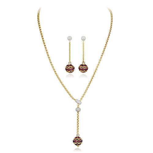 David Yurman 18K Gold Rhodolite Garnet and Diamond Earring and Necklace Set