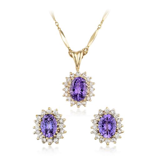 A 14K Gold Tanzanite and Diamond Earring and Pendant Necklace Set