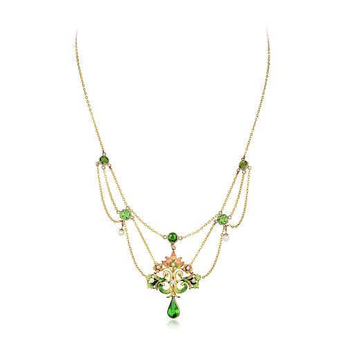 Art Nouveau 14K Gold Enamel and Pearl Necklace