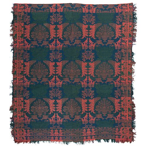 Ohio (Attributed) Jacquard Coverlet in Three Colors with Birds and Christian and Heathen Town Border