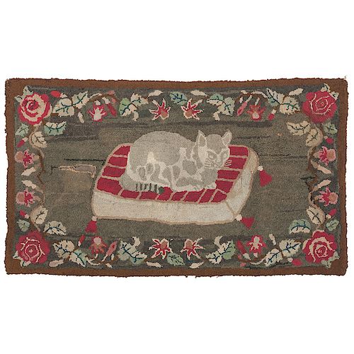 Hooked Rug with Cat on Pillow