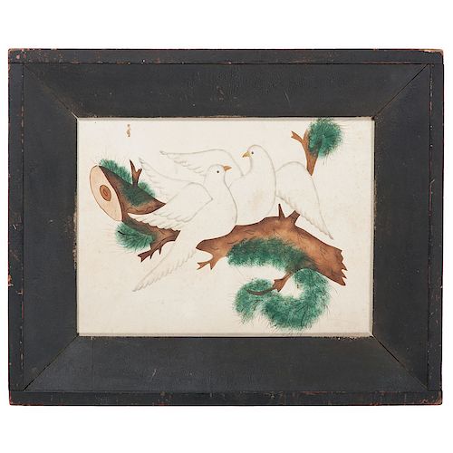 19th Century Watercolor of Doves on a Branch 