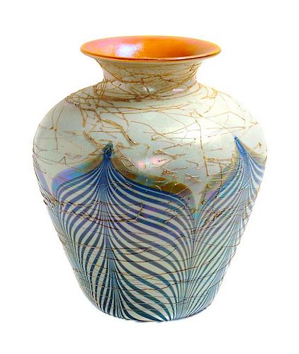 A Durand Iridescent Threaded Vase Height 12 inches.
