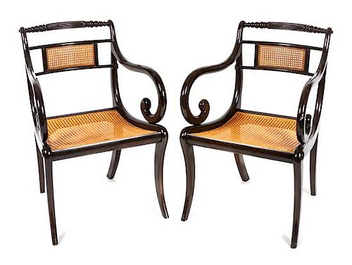 * A Pair of Regency Style Lacquered Armchairs Height 33 inches.