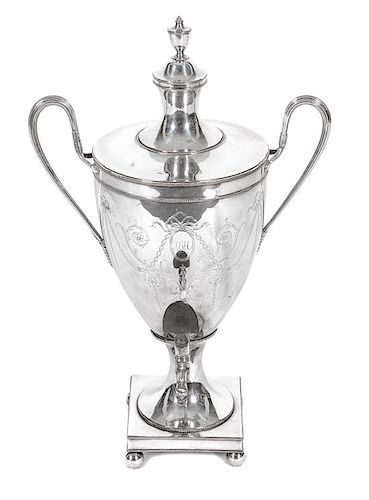 A Silver-Plate Lidded Coffee Urn Height 22 inches.