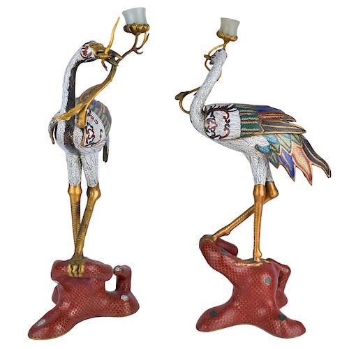 Pair Chinese Cloisonne Crane Candleholders