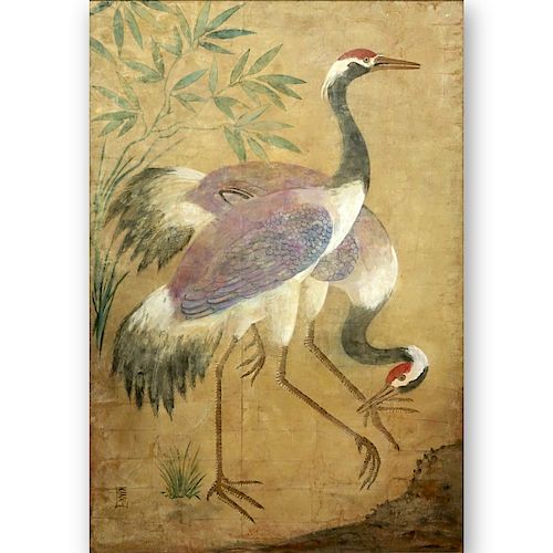 Large Oriental Watercolor, Two Cranes, Signed