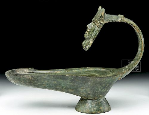 Impressive Roman Bronze Oil Lamp w/ Faunus Head