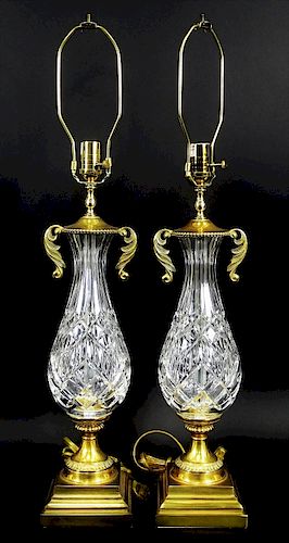 Pair of Waterford Cut Crystal & Brass Lamps