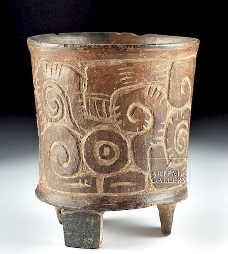 Teotihuacan Incised Brownware Footed Cylinder