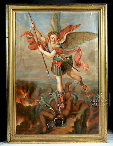 18th C. Spanish Colonial Painting Michael Slaying Demon