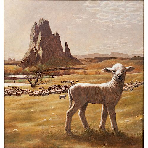 Magic Realist Painting of Sheep in Western Landscape