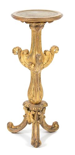 An Italian Rococo Style Carved Giltwood Pedestal Height 30 inches.