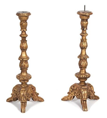 A Pair of Italian Rococo Style Carved Giltwood Pricket Candlesticks Height 33 1/2 inches.
