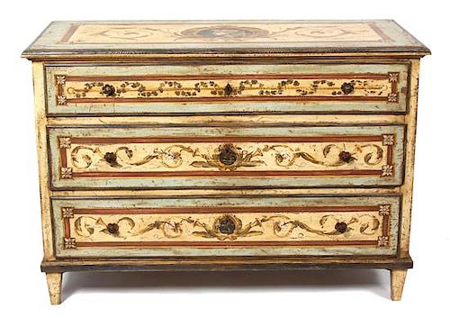 A Venetian Style Painted Chest of Three Drawers Height 36 1/4 x width 52 1/2 x depth 24 inches.