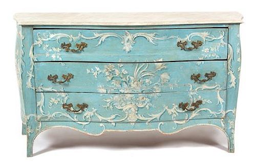 An Italian Painted Bombe Commode Height 33 3/4 x width 60 1/2 x depth 21 inches.