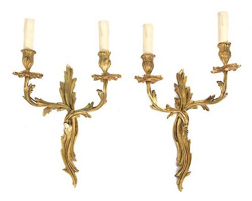 A Pair of Louis XV Style Gilt Bronze Two-Light Wall Sconces Height 16 1/2 inches.