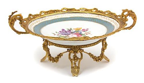 A Gilt Bronze Mounted Paris Porcelain Compote Height 5 3/4 x length over handles 13 1/4 inches.