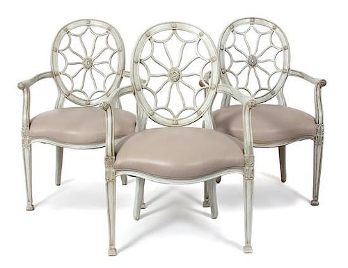 Three Louis XVI Style Painted Wheel-Back Fauteuils Height 39 inches.