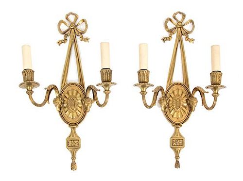 A Pair of Louis XVI Style Gilt Bronze Two-Light Walls Sconces Height 19 inches.