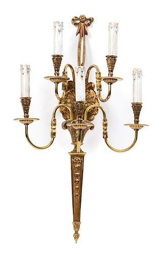 Four Louis XVI Style Gilt Bronze Five-Light Wall Sconces Height 24 inches.