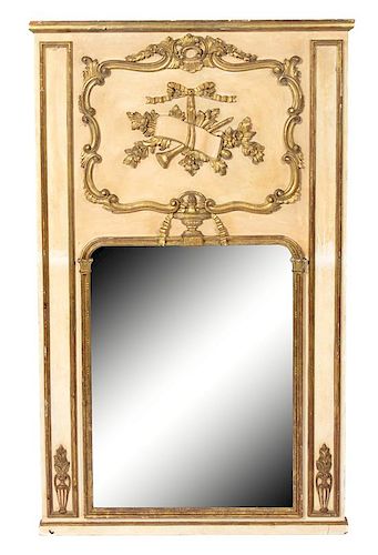 A Louis XVI Style Painted and Parcel Gilt Trumeau Mirror Height 60 3/4 x 37 inches.