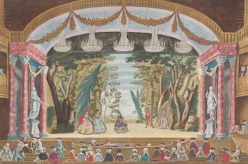 A Hand-Colored Engraving Depicting a Theater Scene Framed 12 x 15 inches.