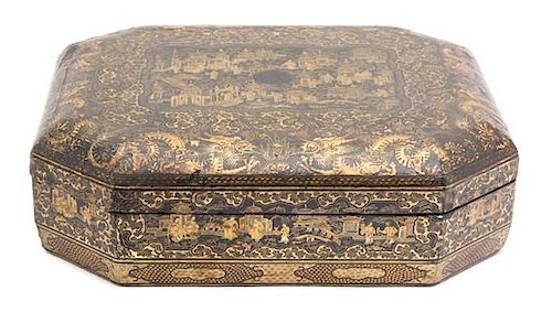 A Regency Style Chinoiserie Decorated Lacquer Box Height 4 x length 15 x depth 12 1/4 inches.