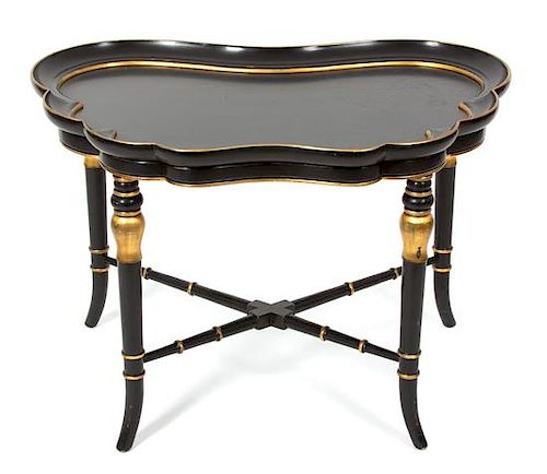 A Regency Style Black Lacquer Tray Top Table with Gilt Accents Height 20 3/4 x width 30 x depth 20 3/4 inches.