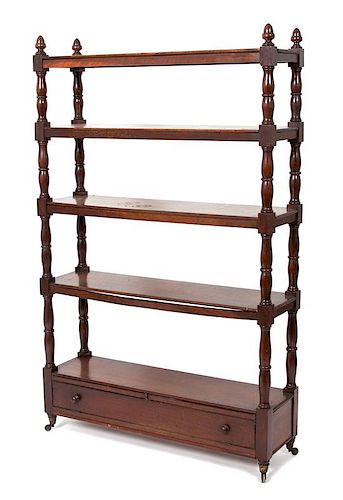 A Regency Style Mahogany Five-Tier Etagere Height 57 x width 36 x depth 10 inches.