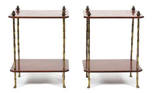 A Pair of Regency Style Brown and Parcel Gilt Lacquer Two-Tier Side Tables Height 24 x width 18 x depth 14 1/2 inches.