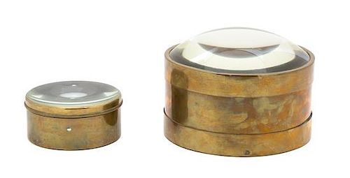 Two English Brass Cased Desk Magnifying Glasses Diameter of larger 6 5/8 inches.