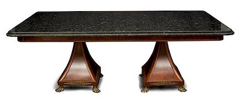 A William IV Style Gilt Metal Mounted Mahogany Two Pedestal Table Height 33 x length 89 x depth 49 1/2 inches.