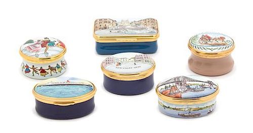 A Collection of Six English Enamel Pill Boxes Length of largest 2 1/2 inches.