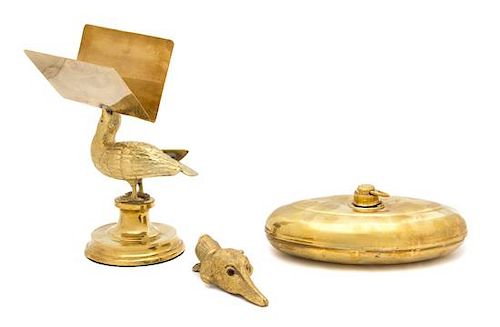 A Collection of Three Brass Articles Height of tallest 10 1/2 inches.