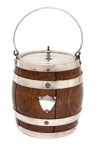 An English Silver Plate Mounted Oak Barrel-Form Ice Bucket Height 7 inches.