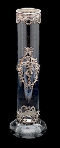 A Continental Silver Mounted Crystal Cylindrical Vase Height 15 1/2 inches.