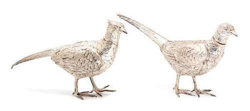 A Pair of German Silver Plate Models of Pheasants Height 8 x length 15 inches.