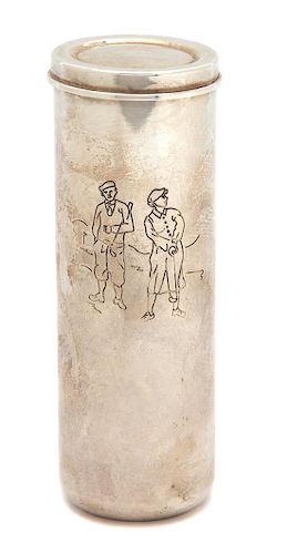 An Italian Silver Golf Ball Case, Tiffany & Co., of cylindrical form, etched with a small scene of two golfers, with a snap on l